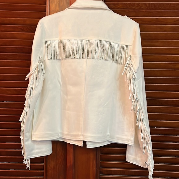 Off White Faux Suede Fringe Jacket with Sparkle Stud embellishments. - Picture 2 of 6